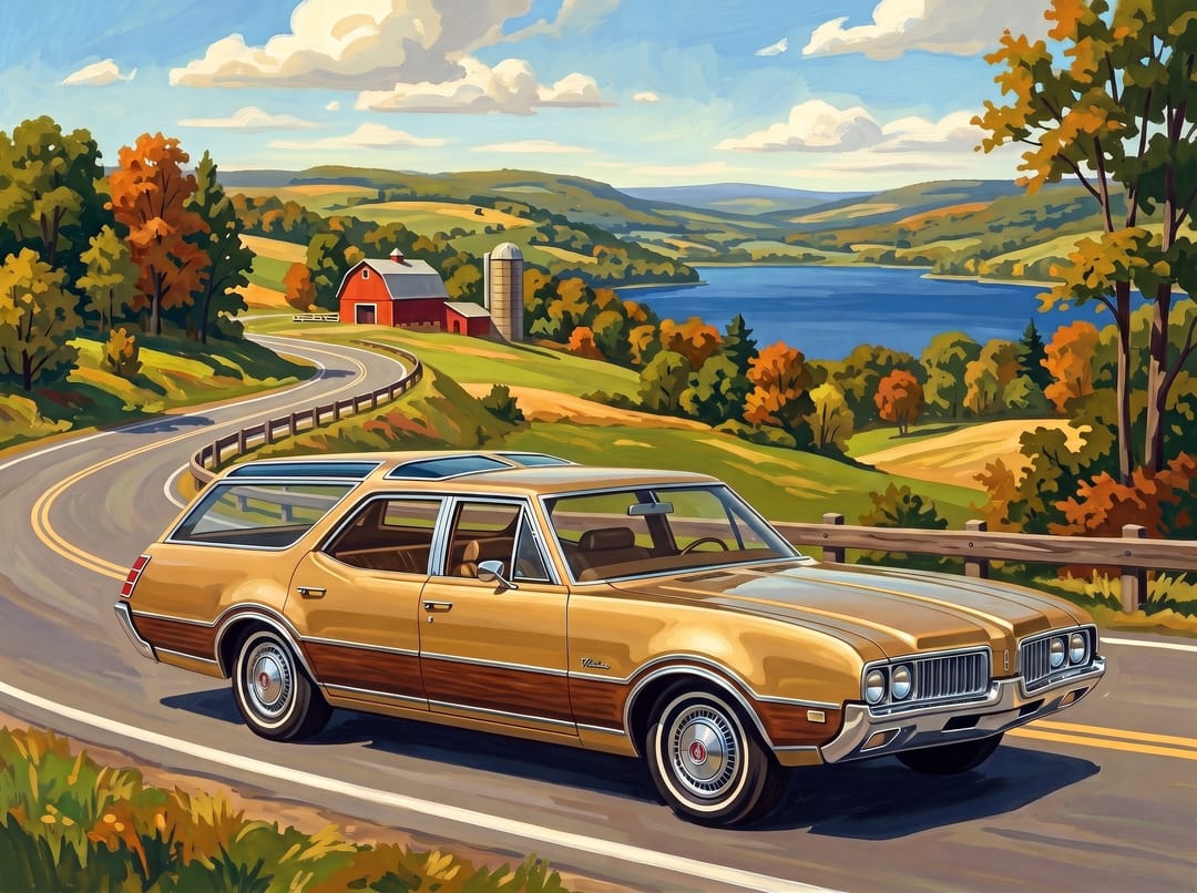 Poster of a gold Oldsmobile Vista Cruiser station wagon with wood-grain sides on a country road above a lake with a red barn