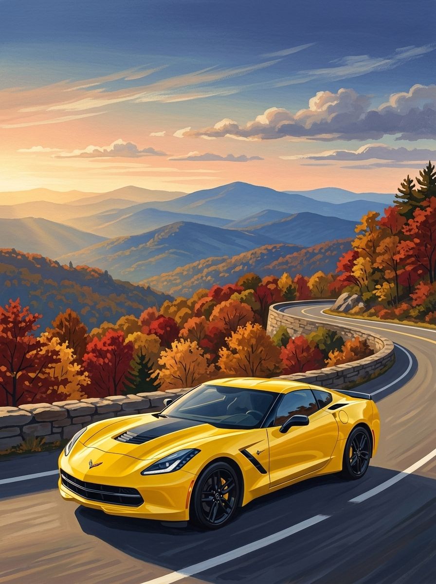 Vintage poster of a yellow C7 Corvette seen from a low front three-quarter angle on a mountain road in fall colors