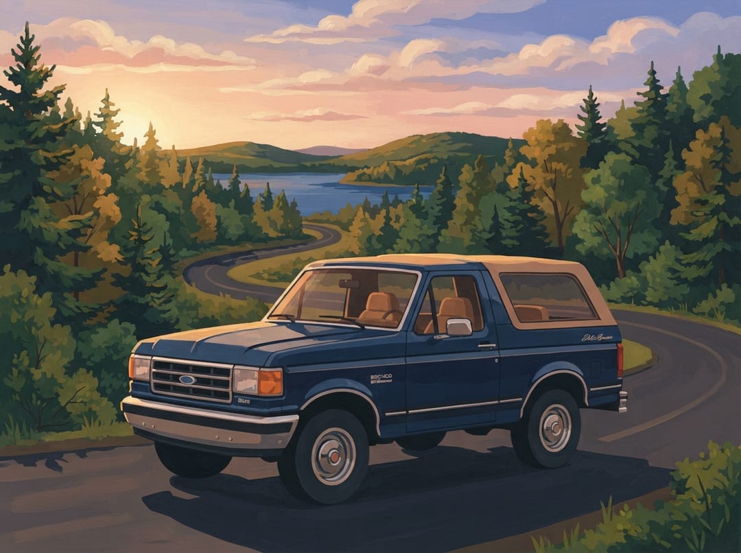 Dark blue late-1980s Ford Bronco Eddie Bauer with a tan top above a lake and a winding forest road