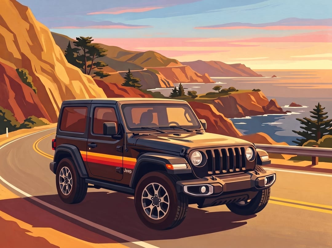 Vintage poster of a black Jeep Wrangler JL with a retro side stripe on the Pacific Coast Highway at sunset