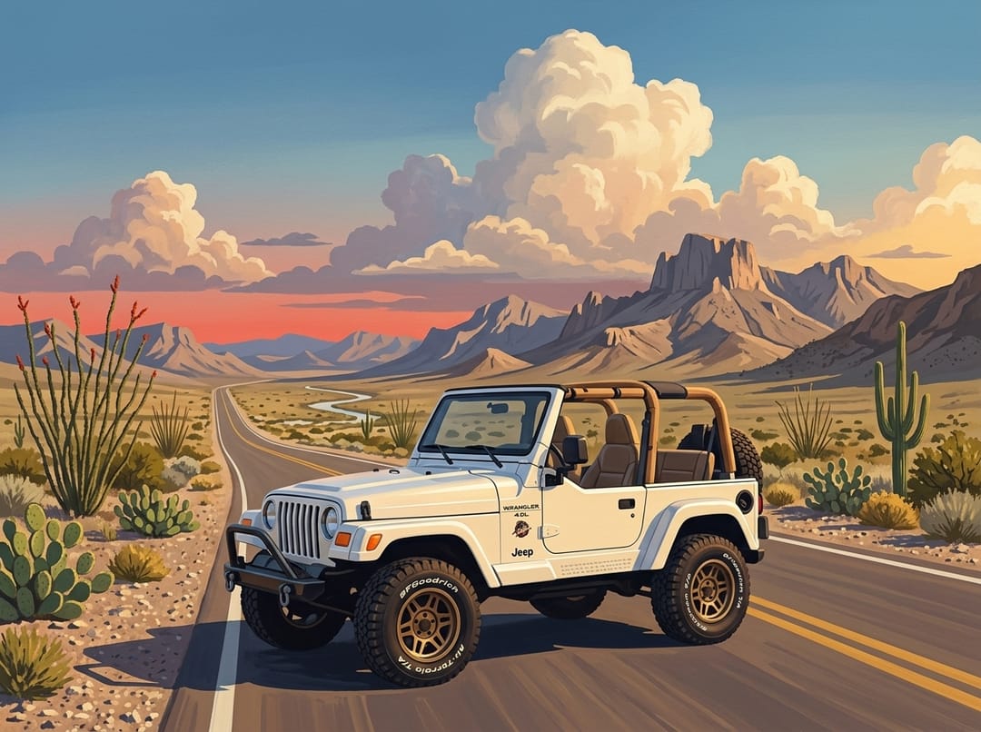 Vintage poster of a white Jeep Wrangler TJ with the doors off on an empty desert two-lane in Big Bend, saguaro and mountains behind