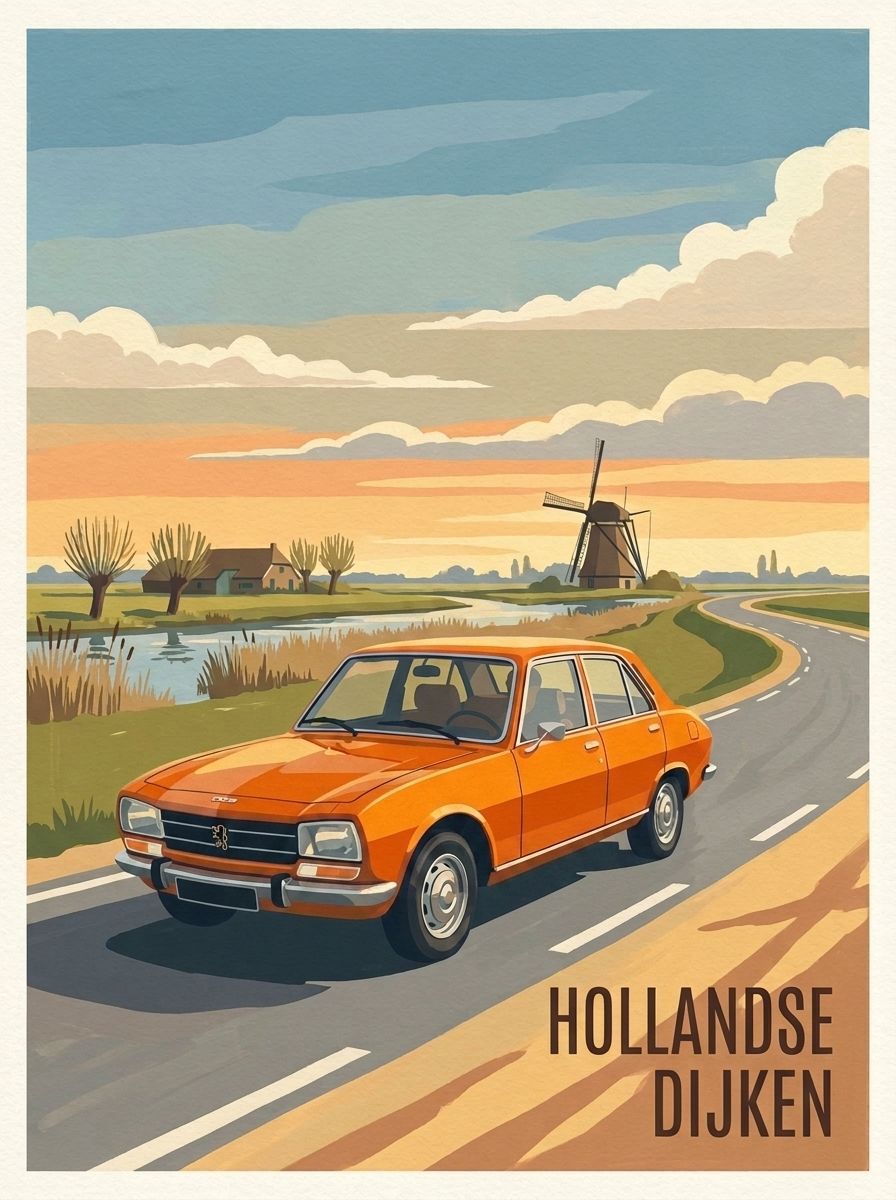 Staande print van een oranjerode Peugeot 504 uit 1975 op een polderweg met molen en de tekst Hollandse Dijken