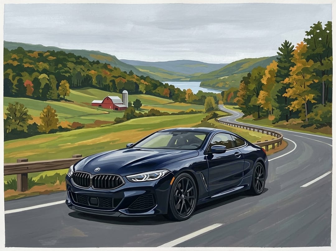 Vintage poster of a dark blue BMW 8 Series coupe on a country road with a red barn and a lake behind