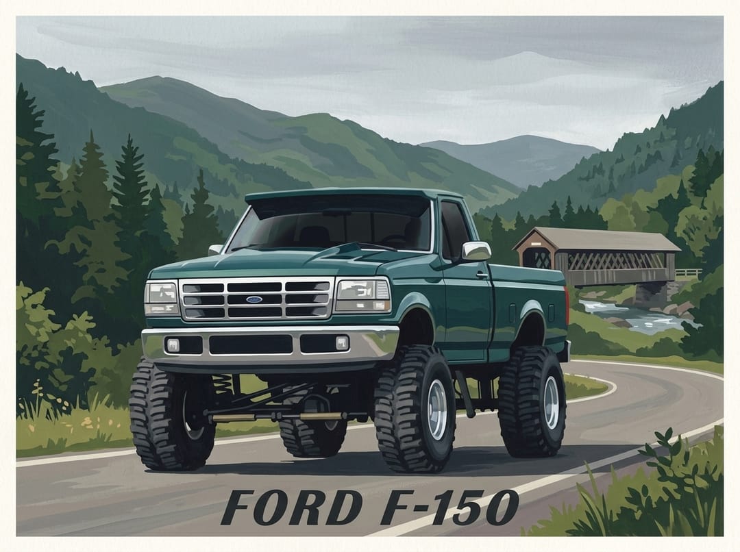 Lifted dark green 1992 to 1996 Ford F-150 on a mountain road with a covered bridge